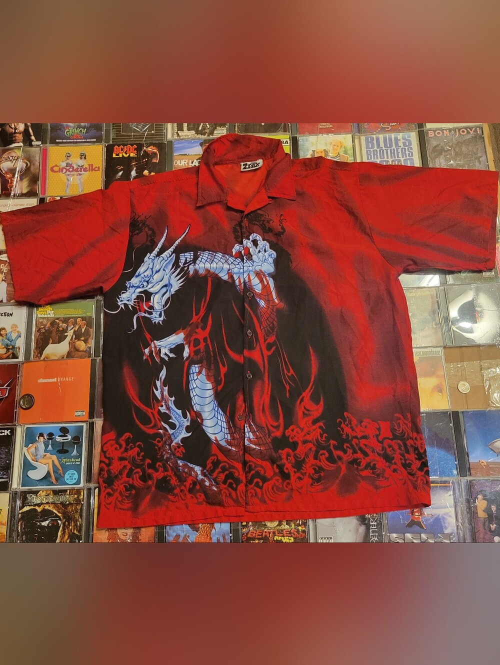 Zzyzx Red Dragon Print Button-Up Shirt